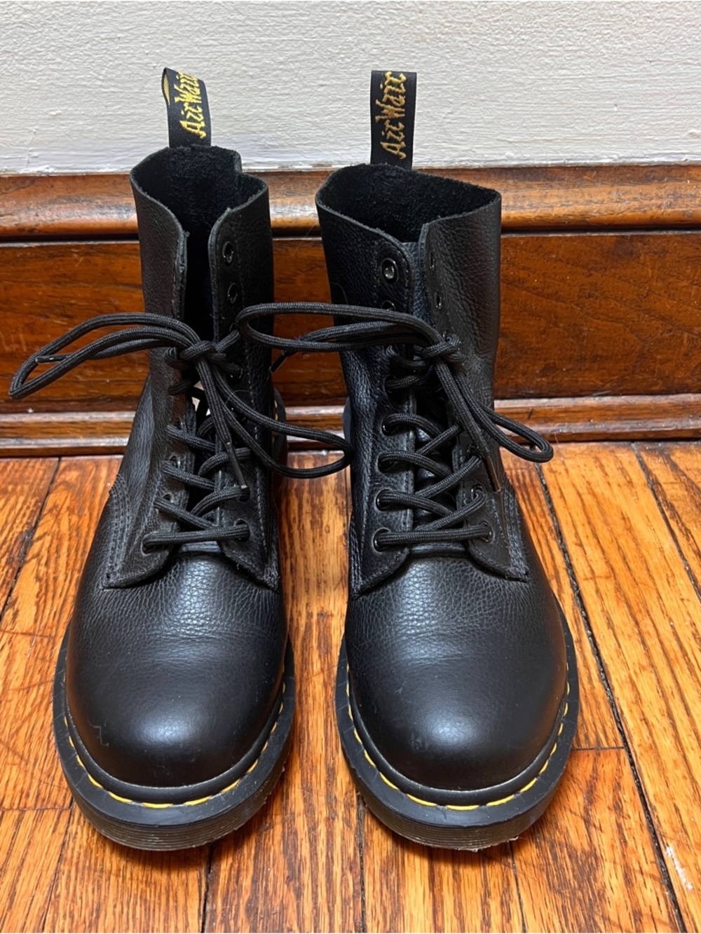 Doc Martens Black Leather Lace-Up Combat Boots with Yellow Stitching
